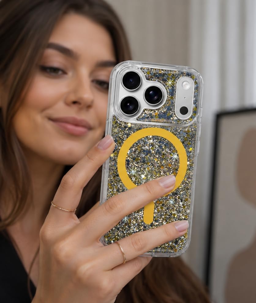 THINKOPEN 5M Gold Glitter Phone Case for iPhone 15 Pro Max