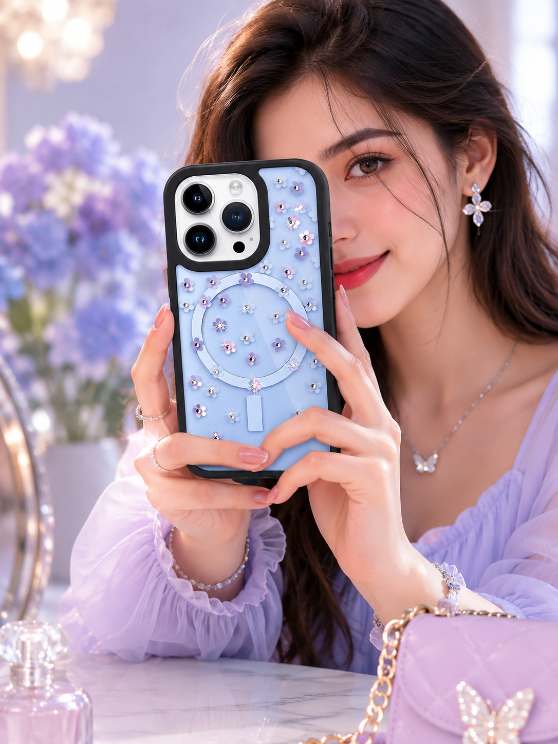 THINKOPEN Floral Mirror Phone Case for iPhone 15 Pro Max
