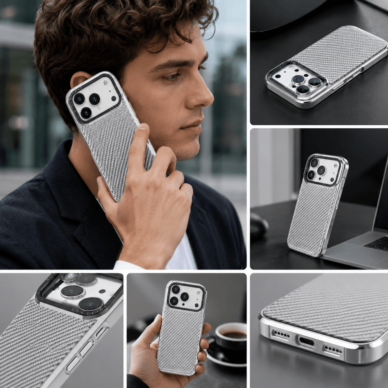 THINKOPEN Silver Glass Fiber Phone Case for iPhone 16 Pro Max & Samsung Galaxy S26 Ultra – Premium Metallic Protective Cover