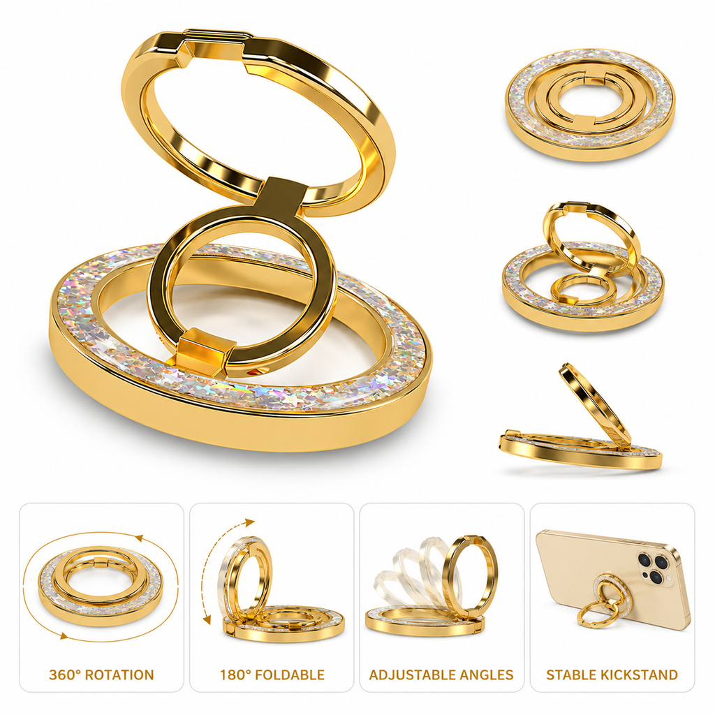 Luxury Double Ring Phone Holder – 360° Rotating Foldable Metal Finger Grip Stand