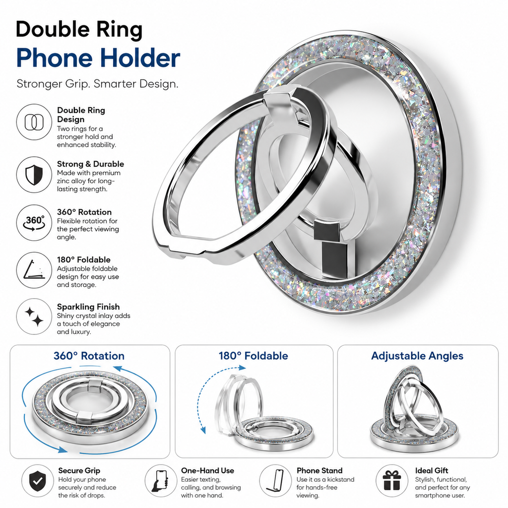 Luxury Double Ring Phone Holder – 360° Rotating Foldable Metal Finger Grip Stand