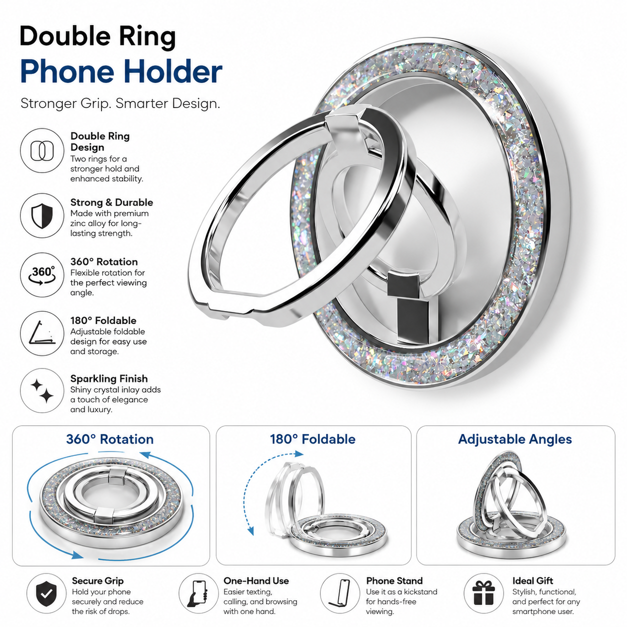 Luxury Double Ring Phone Holder – 360° Rotating Foldable Metal Finger Grip Stand