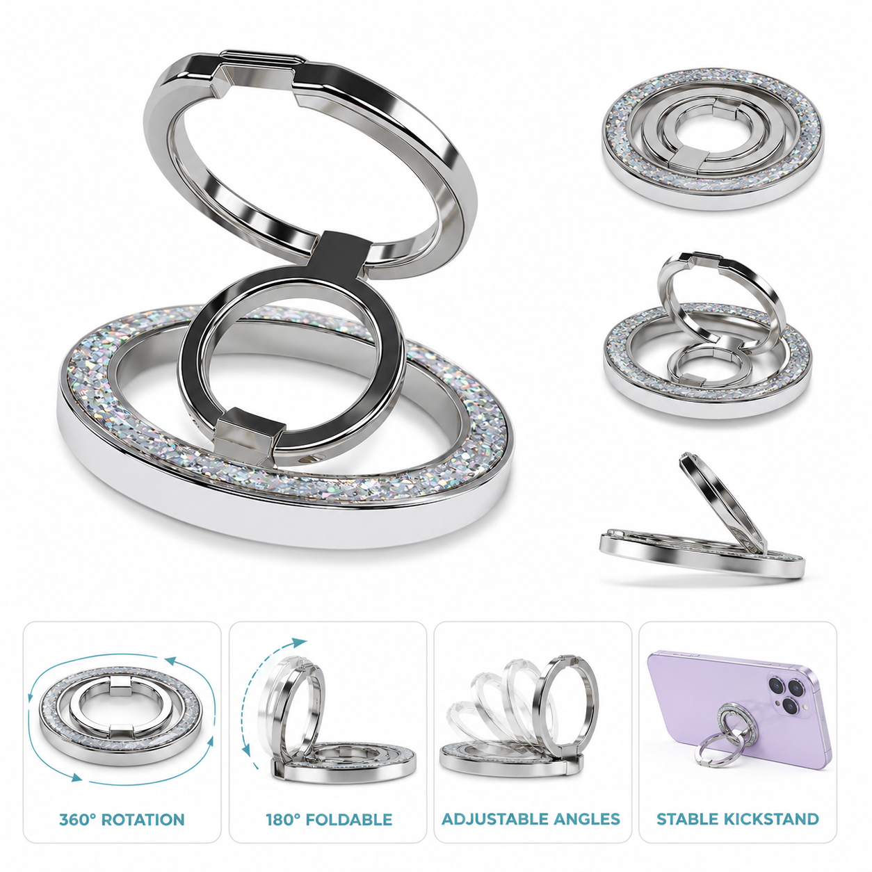 Luxury Double Ring Phone Holder – 360° Rotating Foldable Metal Finger Grip Stand